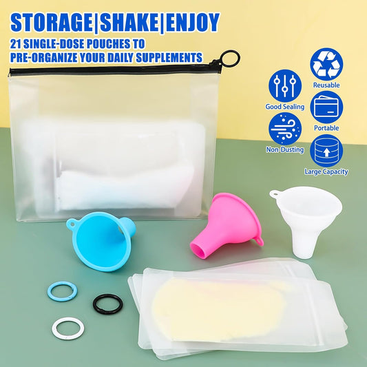 MUOUAKATE Protein Powder Travel Container Set - Reusable Powder Supplement Container To Go - 21pc Single Dose Bags and 3pc Large Travel Containers Zip Up Bags