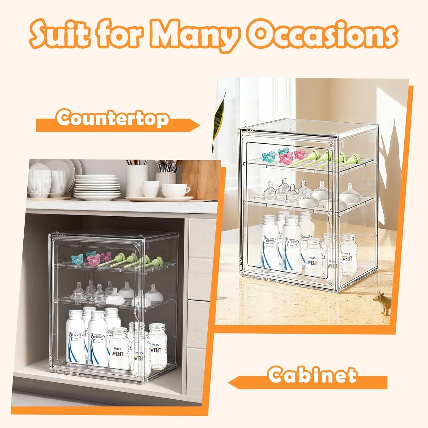 Baby Bottle Organizer,Adjustable Height Bottle Storage Organizer Baby for Bottles, Pacifiers, Pump Parts, Clear Organizer for Countertop, Cabinet,Vanity, Bathroom