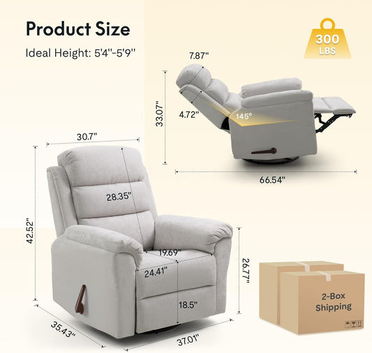 FLEXISPOT Souffle Swivel Rocker Recliner Chair for Adults, Nursery Rocking Glider Chair with Massage & Heat, FSC Wood Frame, Manual Recliner for Living Room, Nursery & Relaxation, Light Grey