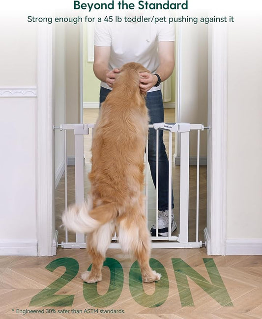 Babelio 36" Tall Baby Gate, PressGuard P7, 29-48" Auto Close Pressure Mounted Dog Gate for Stairs, Doorways & Hallway, Protector Basics Easy Walk Thru Pet Gate, White