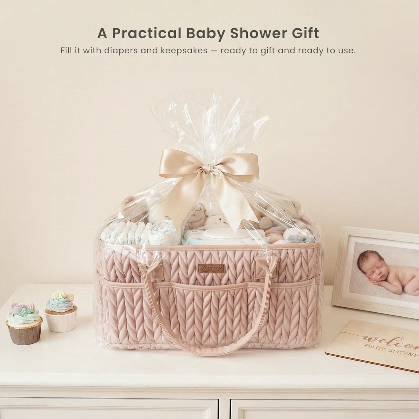 Konssy Braided Quilted Diaper Caddy Organizer, Boho Nursery Storage Basket with PU Leather Handles, Water-Repellent Portable Diaper Basket for Changing Table, Newborn Essentials (Blush)