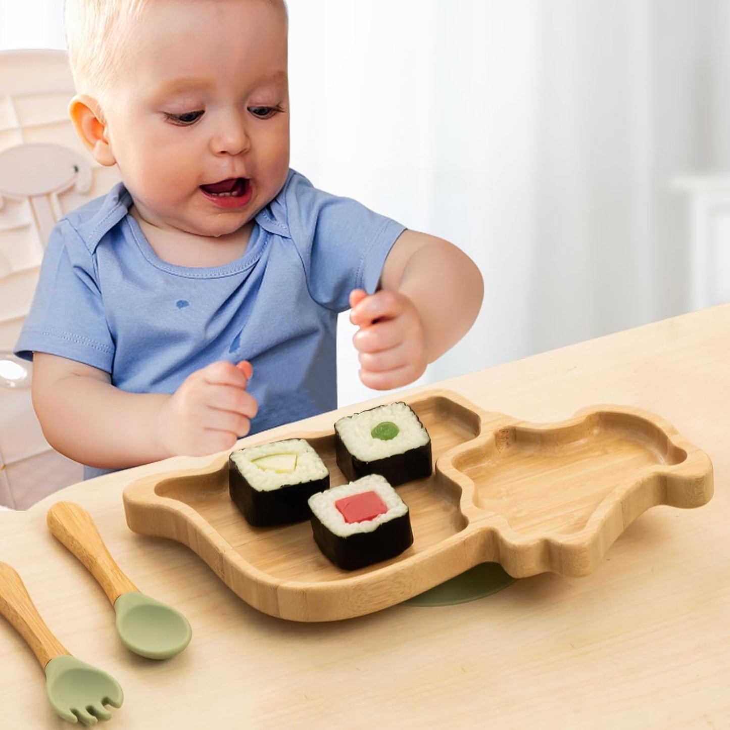 HBM Bamboo Baby Plate Set with Suction - Dinosaur Divided Toddler Dishes with Matching Fork & Spoon | Natural Wood Stay-Put Feeding Set for Infants & Kids (Marble Texture Not Stains)