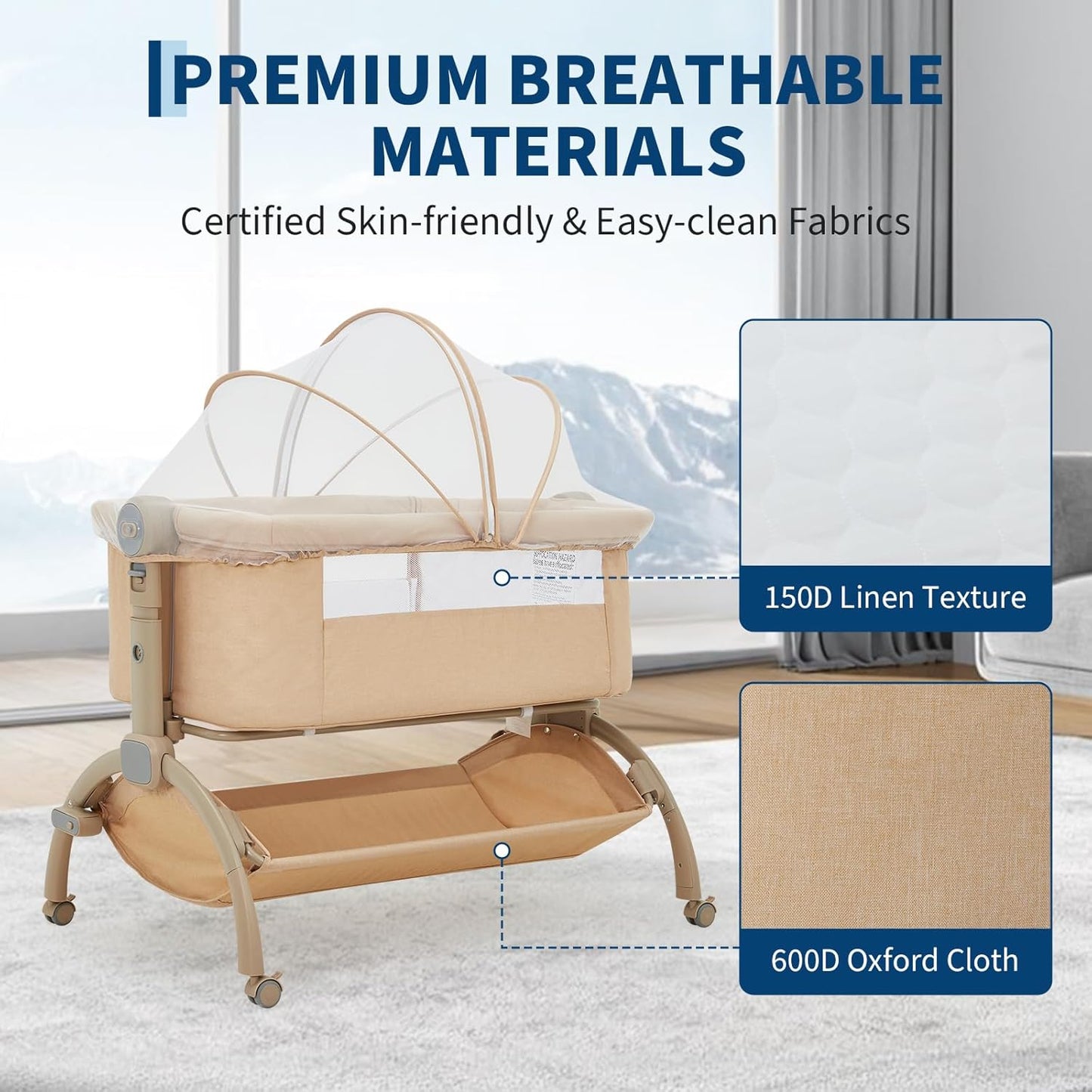 GarveeTech Bedside Bassinet Baby Bassinet for Baby, 3 in 1 Bedside Sleeper with Baby Co-Sleeper Travel Crib with Detachable Mosquito Net & Storage Basket | Adjustable Height, Wheels Included (Khaki)