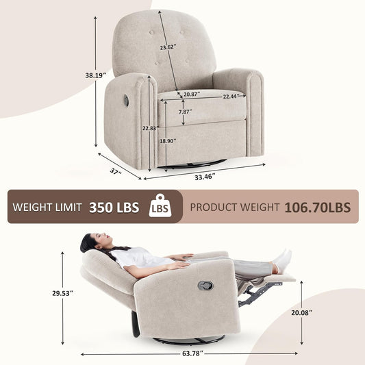 VANOMi 360 Swivel Rocker Recliner Chair, Nursery Rocking Chair with Tufted Backrest, Manual Recliner Chairs for Small Spaces, Upholstered Glider Nursing Chair for Living Room, Bedroom (White)