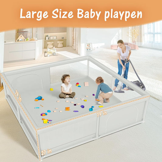 Hiaksedt 79x79 Inch Baby Playpen for Babies and Toddlers, Extra Large Play Yards for Indoor & Outdoor with Zipper Gates, Breathable Mesh with Anti-Slip Base