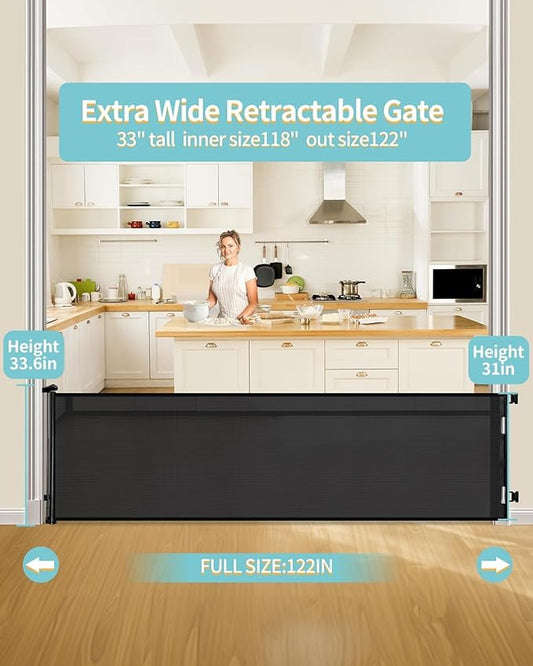 Retractable Baby Gate for Stairs – 33” Height, Expands up to 118” Width – Safety Gate for Infants, Toddlers, Dogs & Pets – Easy Install, Secure Closure, Black Mesh Design for Indoor & Outdoor Use