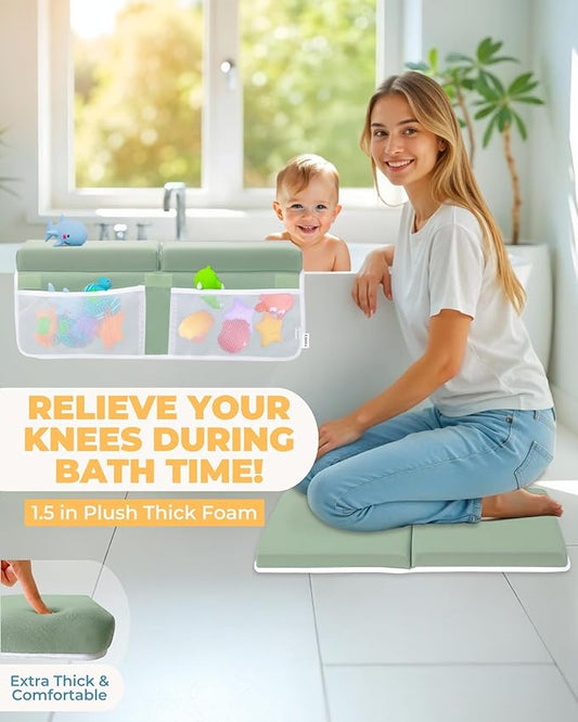 Comfortable Baby Bath Kneeler and Elbow Rest Pad Set – Thick Memory Foam Bath Kneeling Pad with Elbow Support – Baby Bathtub Cushion with Toy Organizer for Bathing Infant or Toddler - Green