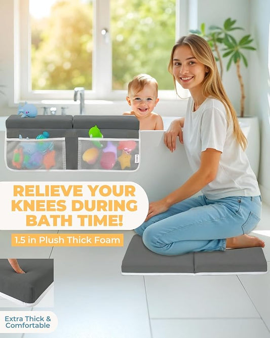 Comfortable Baby Bath Kneeler and Elbow Rest Pad Set – Thick Memory Foam Bath Kneeling Pad with Elbow Support – Baby Bathtub Cushion with Toy Organizer for Bathing Infant or Toddler - Dark Grey
