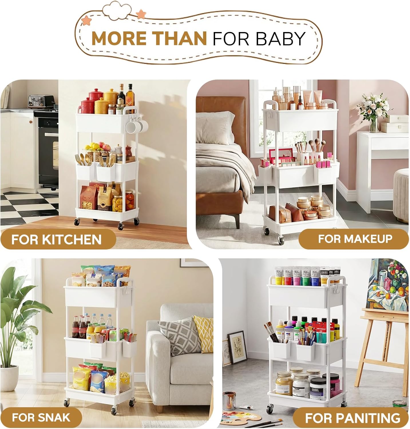 Goovilla Diaper Cart with Lockable Wheels and Easy Assembly, 3 Tier Black Rolling Cart for Baby Nursery Storage, Sturdy Ample Diaper Caddy Organizer for Baby Girl, Boy, New Mom, Newborn Essentials