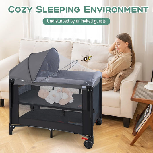INFANS Baby Bassinet, 4 in 1 Nursery Center Pack and Play Baby Playard with Changing Table, Mosquito Net, Storage Basket, Travel Bag for Newborn 0-36 Months (Gray)