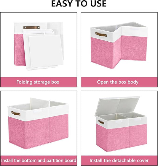 Bagnizer Large Toy Storage Box with Lids, Collapsible Sturdy Baby Storage Organizer Chest Bin Basket for Kids, Boys, Girls, Playroom, Nursery, Bedroom, Closet 25"x13"x16" (Pink and White)