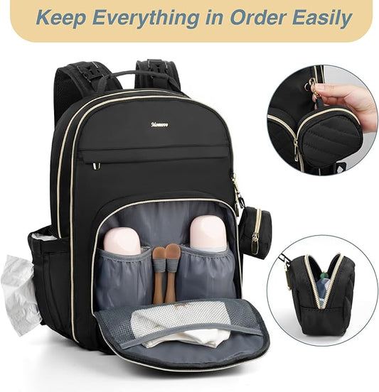 MOMUVO Diaper Bag Backpack, Quilted Baby Bag with Changing Pad and Stroller Straps and Pacifier Case, Large Travel Diaper Bags for Mom Dad,Black