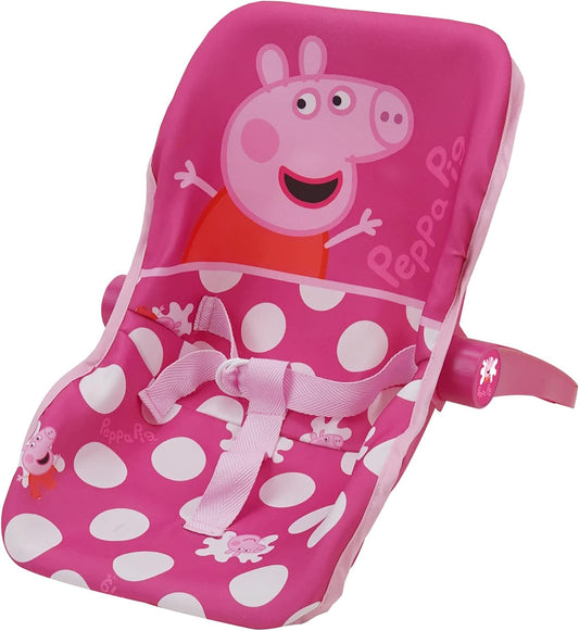 Peppa Pig: Baby Doll Car Seat - Pink & White Dots - Fits Dolls Up to 18" Convertible Into A Feeding Chair, Plastic Shell W/Fabric, Harness Belt, Pretend Play for Kids Ages 3+