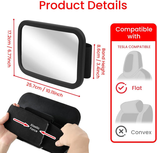 Fixed Headrest Baby Car Mirror, Compatible with Tesla Car Mirror for Baby, 100% Shatterproof & Shake-Proof, Non-Slip with 360° Rotation & Wide View, Easy Install, Perfect (Black)