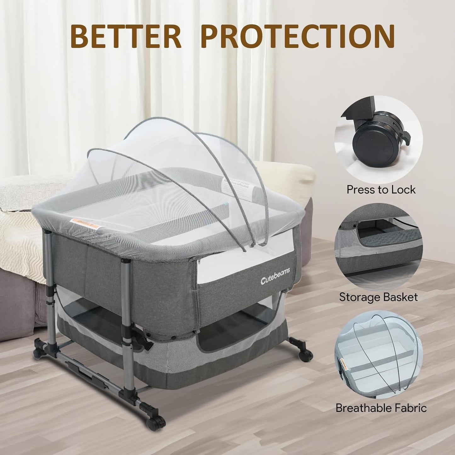Twin Bassinet for 2 Babies, 3 in 1 Bedside Co Sleeper Double Bassinet for Twins, Rocking Bassinet for Baby with Wheels and Storage Basket, Includes Mattress (Grey)