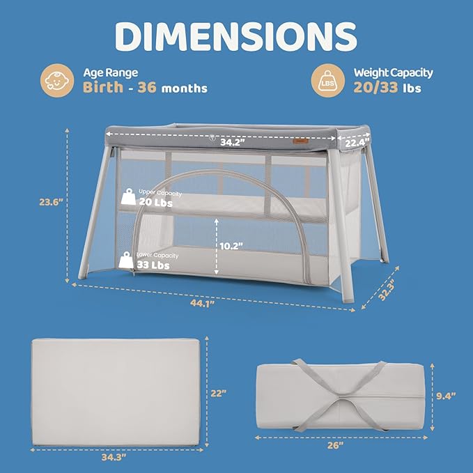HARPPA Travel Crib with Comfy Pad, Lightweight Portable Crib Requires No Assembly, Foldable Pack and Play for Baby and Toddlers, Compact Play Yard with Bed,Gray