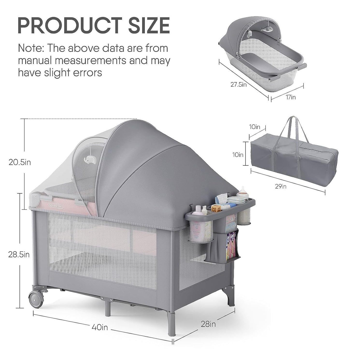 Obee Odee 4-in-1 Baby Bassinet with Playard, Napper Bassinet, Changing Table, Mosquito Net & Canopy, Storage and Toys for Newborn to Toddler