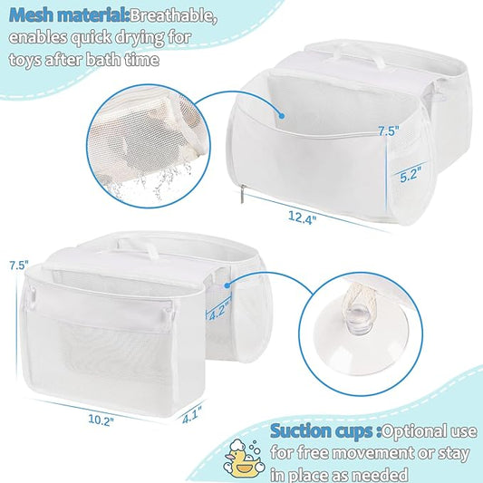 Saddle Shape Bath Toy Organizer, 2 Compartments Wide Opening Mesh Bath Tub Toy Storage for Easy Access to Toys, Side Pockets & Bottom Zipper Design, Quick Drying Toy Holder for Tub (White)