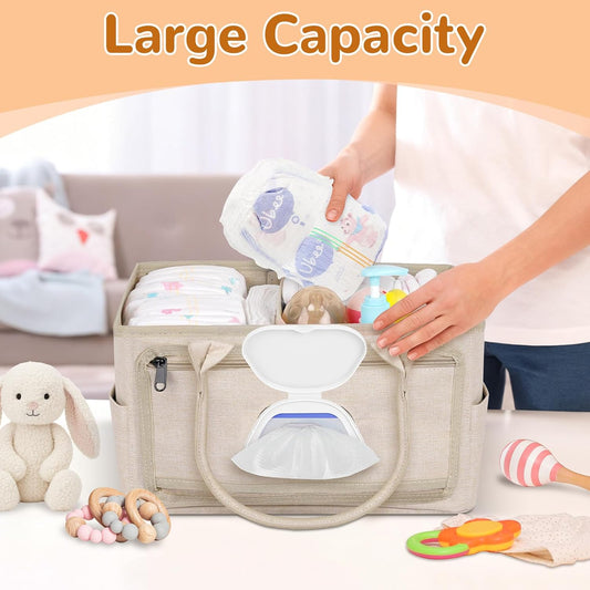 Volnamal Diaper Caddy with Wipe Dispenser One-Handed Access, Premium Diaper Organizer, Portable Car Organizer Nursery Basket for Newborn Essentials, Baby Registry Must Haves for Boys & Girls,Grey