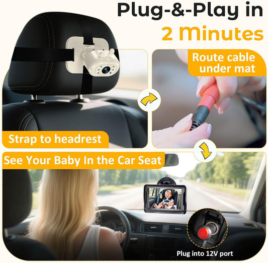 AMTIFO Baby Car Camera 1080P HD Plug-Play Monitor: 4.3 Inch IPS Display with Sun Visor - 150° Wide-Angle 360° Swivel Backseat Cam, Infrared Night Vision, Rabbit Design - Beige
