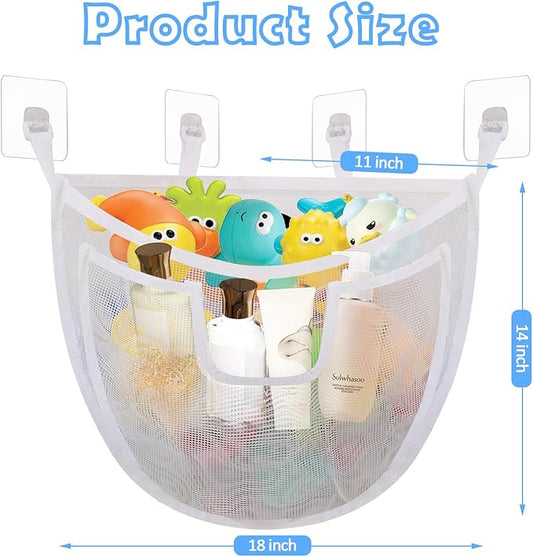 Bath Toy Storage, Large Capacity Bath Toy Holder with Bottom Zipper, Quick Release Bathtub Toy Storage with Large Pocket, Corner Mesh Bath Toy Organizer Basket Bin for Bathroom Toys - White