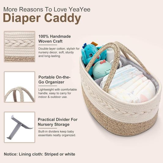 Baby Diaper Caddy Organizer, Portable Nursery Storage Basket with Changeable Compartments, 100% Cotton Woven Rope Baskets, Car & Changing Table Tote, Newborn Gift