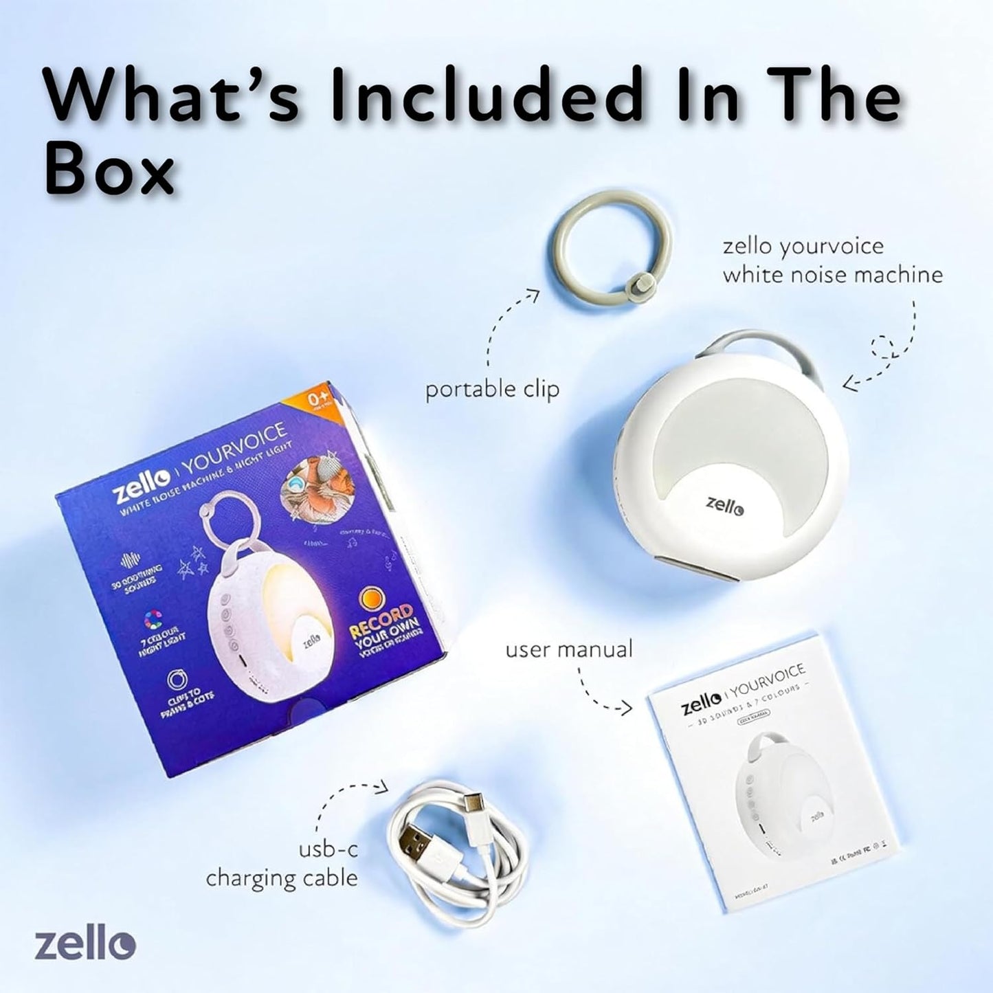 Zello | Portable White Noise Machine | 30 Soothing Sounds | 7 Colour Moon Nightlight | Sleep Timer | 20+ Hours Battery USB Recharge | Clips to Prams, Cots, Cribs | Baby Sleep Aid | Sleep Sound Machine