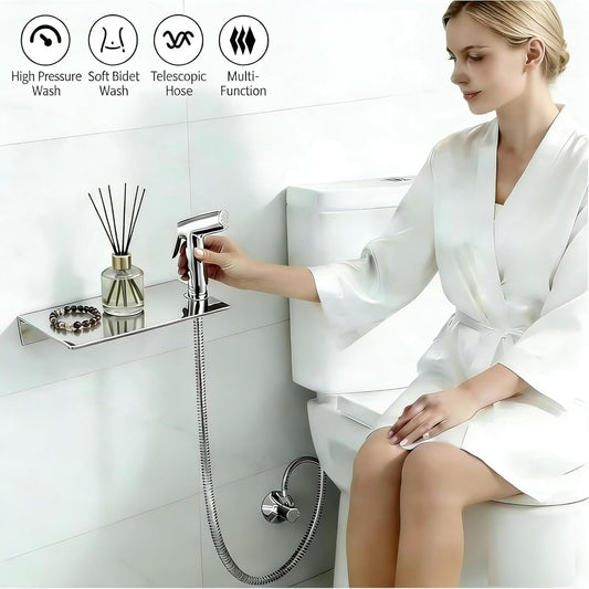 Handheld Bidet Sprayer & Muslim Shower Kit with Storage Shelf, Brass T-Valve, Adjustable Pressure, No Drip, Easy Install Toilet Bidet for Hygiene, Feminine Care, Diaper & Pet Wash, Ceruleanix
