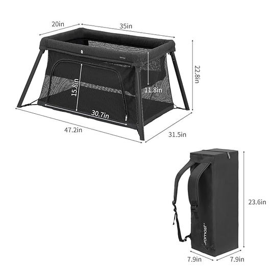 Gromast 2 in 1 Portable Travel Crib for Toddler, Foldable Crib for Baby, Lightweight Playpen Collapsible Playard with Soft Mattress, Easy to Carry Baby Travel Bed for Outdoor, Indoor (Black)