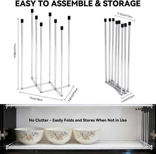 Foldable Baby Bottle Drying Rack – 8-Pole Collapsible Bottle Organizer, suitable for cups, silicone bags, and kitchen waste bags – Space-Saving Countertop Dryer for Home & Travel (Silver)