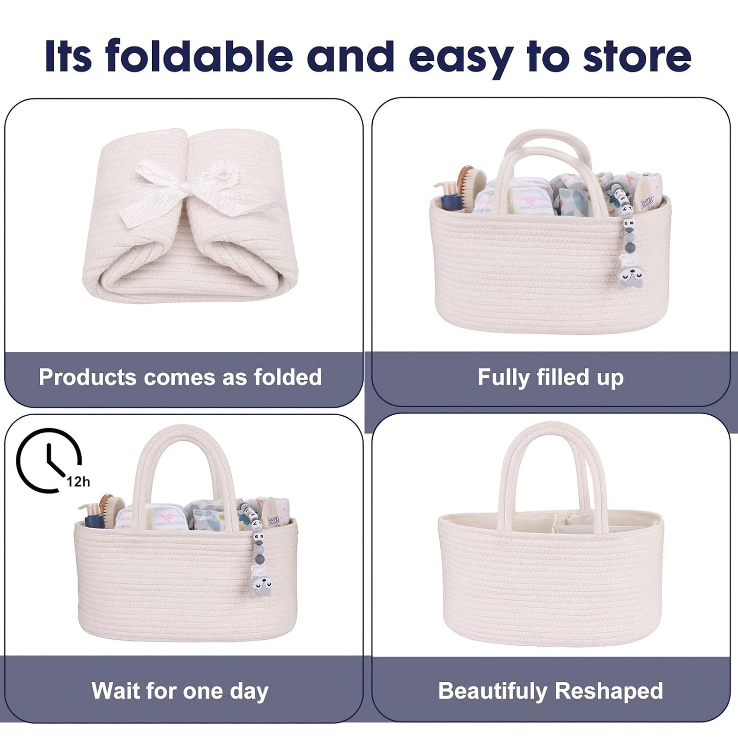 Baby Diaper Caddy Organizer for Girl Boy Rope Nursery Storage Bin Basket Portable Holder Tote Bag for Changing Table Car Travel Baby Shower Gifts Newborn Essentials Registry Must Have Items Pink