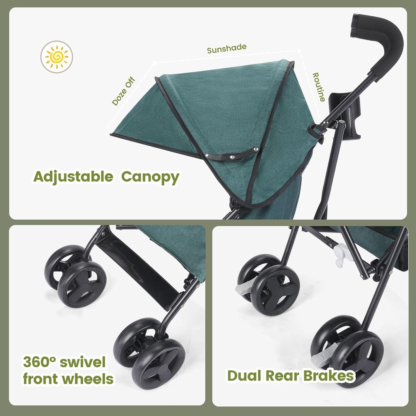 One-Handed Folding Lightweight Stroller, Large Storage Basket, Canopy, Cup Holder, Compact Umbrella Stroller Durable Frame, 3-36M Travel Stroller for Airplane Ultra Overhead Friendly (Dark Green)