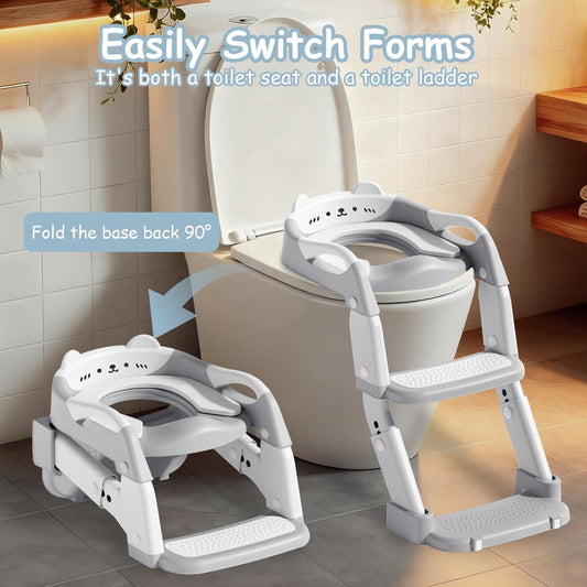 3-in-1 Baby Potty Training Seat with 2 Step Ladder, Splash Guard Anti-Slip Pad, Height Adjustable Toddler Toilet Seat with Soft Cushion for Kids Boys Girls(Grey)