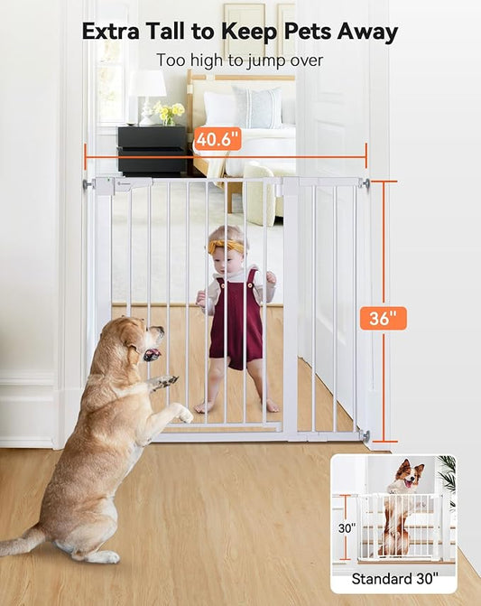 COMOMY 36" Extra Tall Baby Gate for Stairs Doorways, Fits Openings 29.5" to 40.6" Wide, Auto Close Sturdy Safety Dog Gate for House, Pressure Mounted Easy Walk Through Pet Gate with Door, White