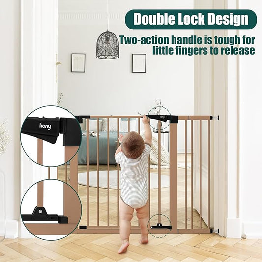 keny 29.7"-46" Baby Gate for Stairs, Auto Close Dog Gates for Doorways, Pressured Mounted No Drilling Pet Gate Extra Wide, Easy Walk Thru Stair Gate, 30" Tall, Brown