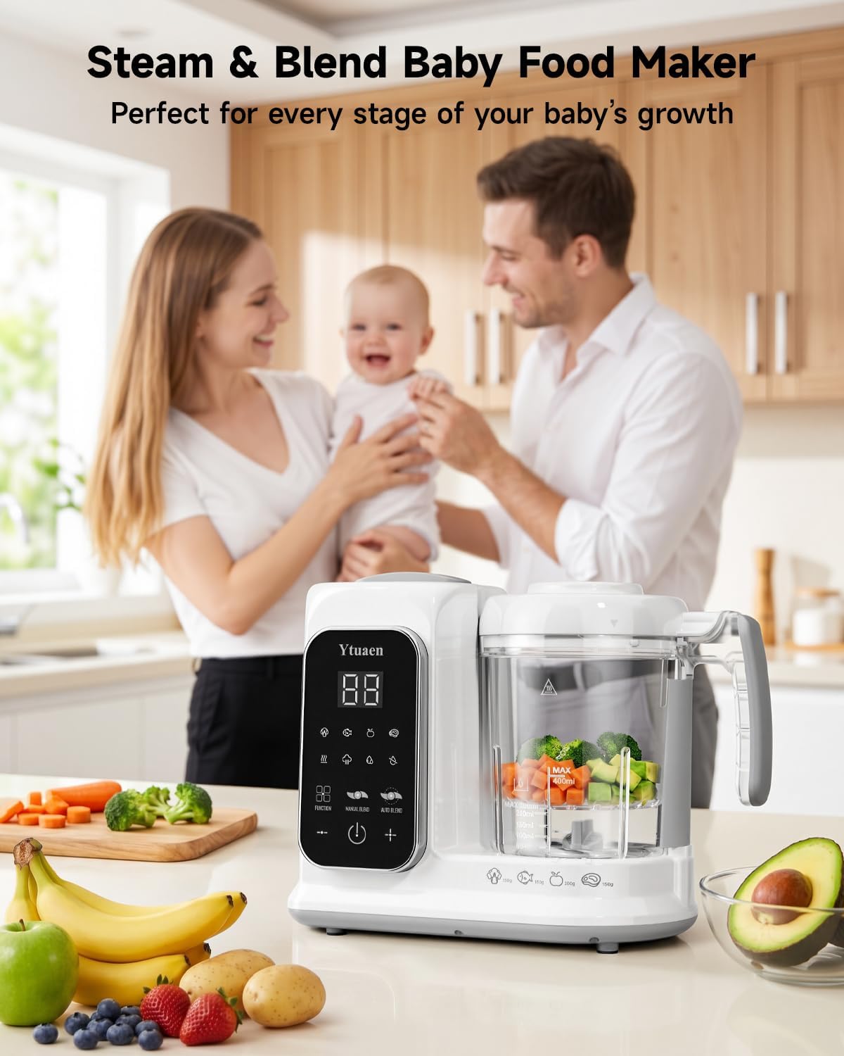 Baby Food Maker, One Step Baby Food Processor Steamer with Steam Basket Puree Blender Grinder Safty Lock, Auto Cooking Grinding Self-Cleaning & Sterili-zing for Healthy Homemade Baby Food, BPA-Free