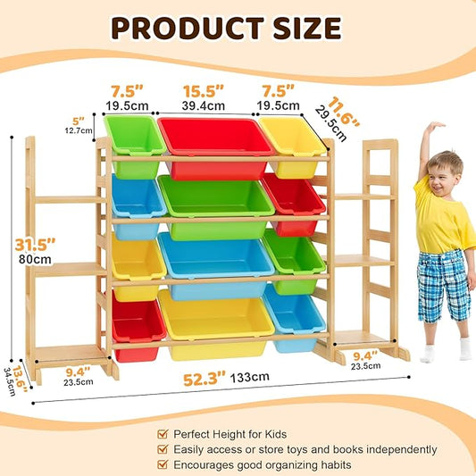 Large Toy Storage Organizer Kids Toy Organizer and Bookshelf Combo with 12 Bins and 6 Shelves Toy Organization Box Toy Shelf for Playroom, Bedroom, Nursery