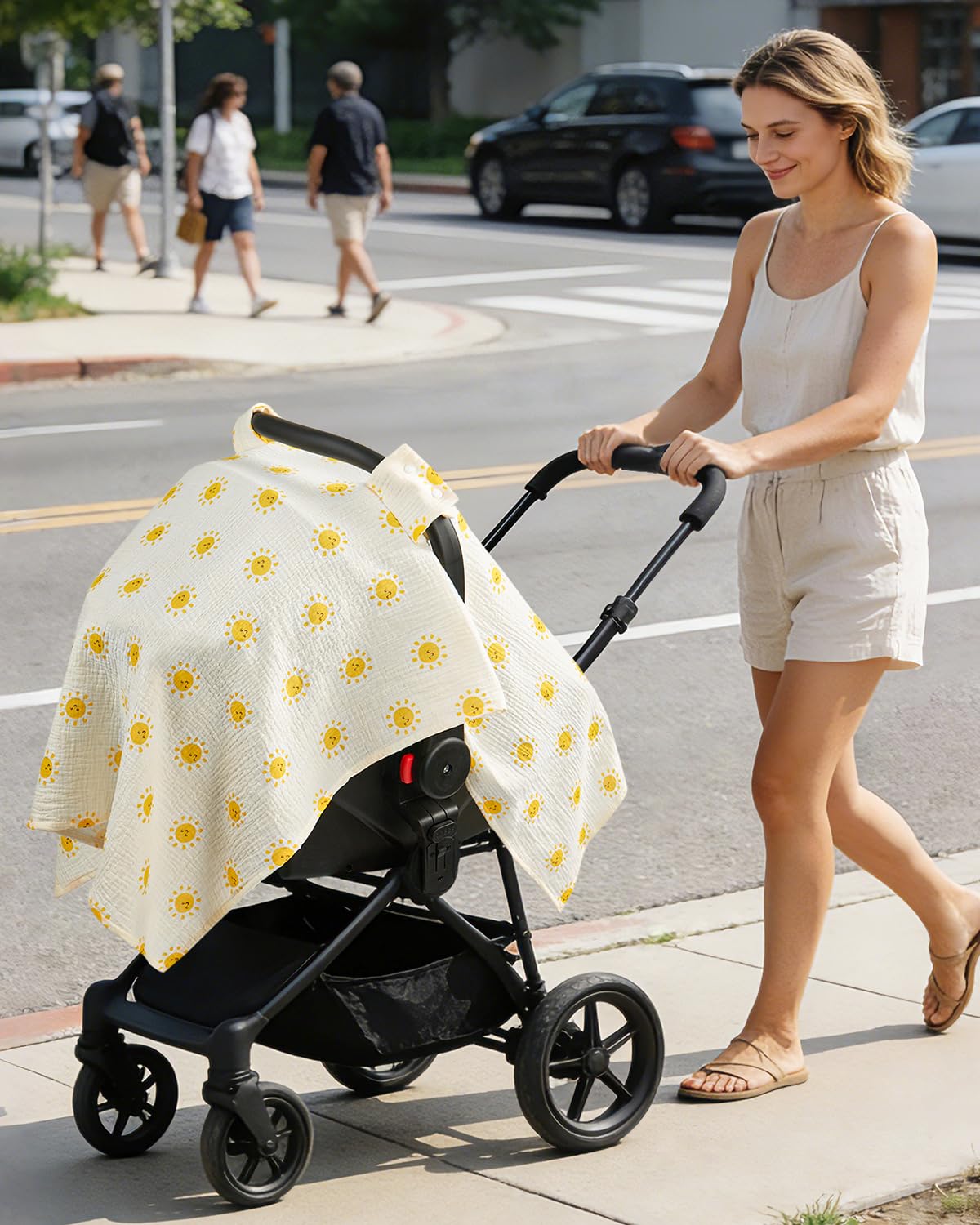 100% Muslin Cotton Car Seat Cover for Baby, Soft Breathable Car Seat Canopy, Universal Infant Carseat Cover Sun Protector, Lightweight Summer Stroller Cover for Boys Girls - Strawberry