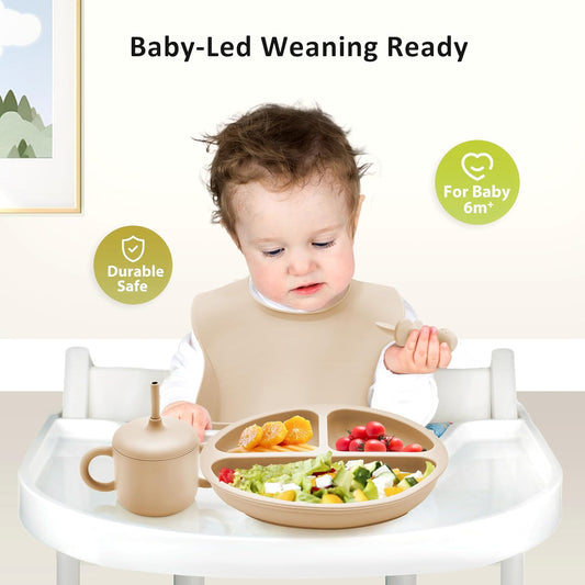 Bufims Silicone Baby Feeding Set, Baby Led Weaning Supplies, Eating Essentials Utensils with Suction Plate and Bowl, Pocket Bib, Sippy Cup with Lid, Forks Spoons Snack Container, for 6+ Months, Green