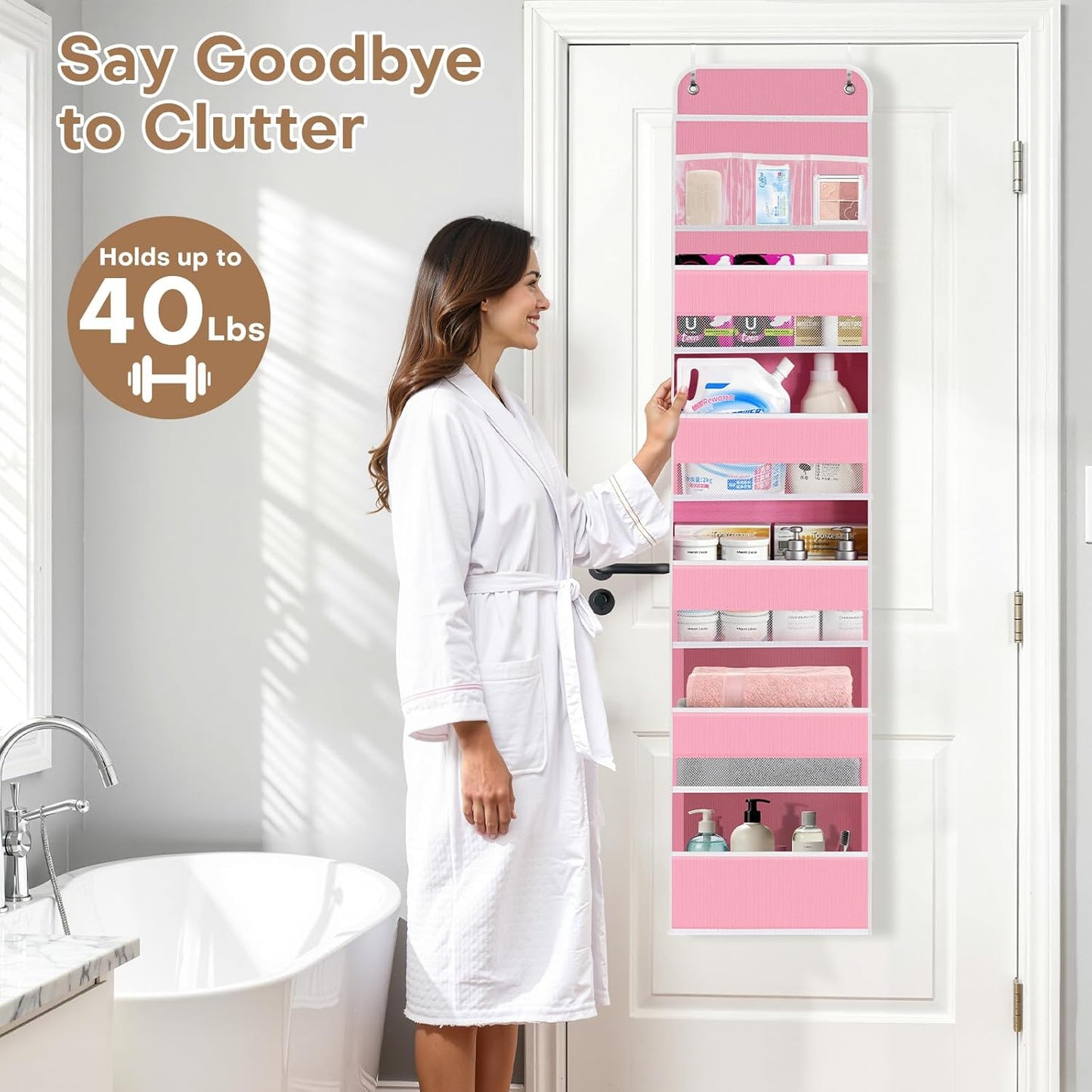 SpaceWhisper Over the Door Organizer, 4 Large Pocket Hanging Storage Organizer with 40lb Capacity, Space Saving for Nursery, Bathroom, Bedroom, Closet - Baby Essentials & Toiletry Organizer (Pink)