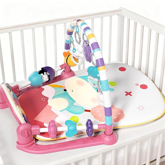 Jovow Baby Gym with Musical Piano,Baby Play Mat Tummy Time Baby Activity Gym Mat with 5 Infant Learning Sensory for Baby, Music and Lights Boy or Girl for Newborn(Pink)