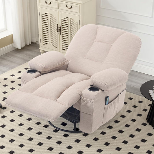 Rocker Recliner Chair with Massage and Heat, Oversized Rocking Nursery Recliners Overstuffed Swivel Glider with Cup Holder, Fabric Manual Single Sofa for Living Room, Beige