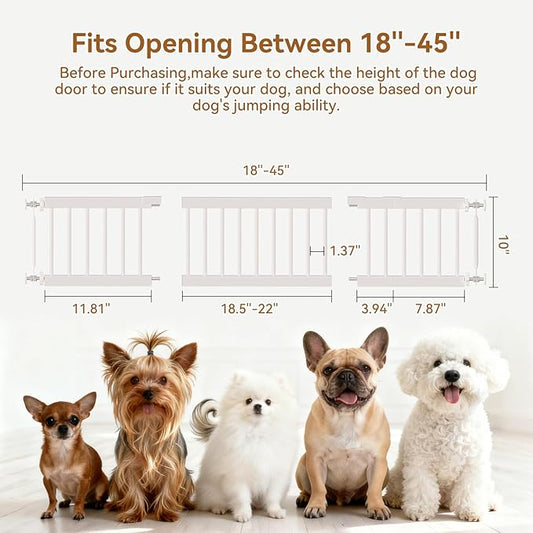 Fldofaves Dog Gate - 18"-45" Adjustable Extra Wide Metal Baby Gate to Step Over, 10" Tall Small Pet Gate with 3 Extension Kits, Pressure Mounted for Doorways & Stairs