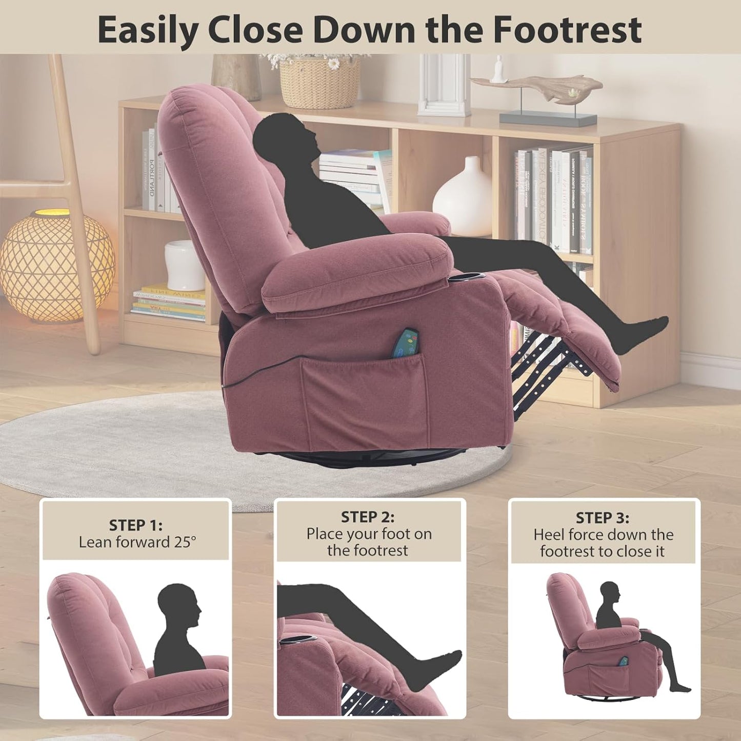Rocker Recliner Chair with Massage and Heat, Oversized Rocking Nursery Recliners Overstuffed Swivel Glider with Cup Holder, Fabric Manual Single Sofa for Living Room, Beige