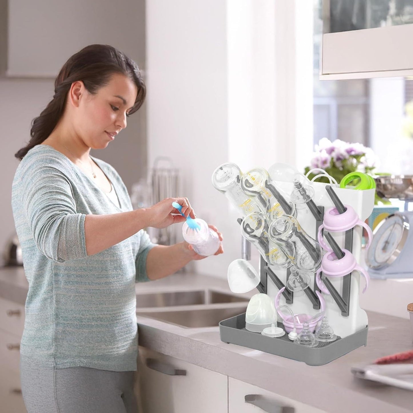 Baby Bottle Drying Rack, Countertop Bottle Dryer, Cup Drying Rack, for 12Pc Bottles and Accessories,Pump Parts,Pacifiers,Vitality Grey,Free small brush for cleaning
