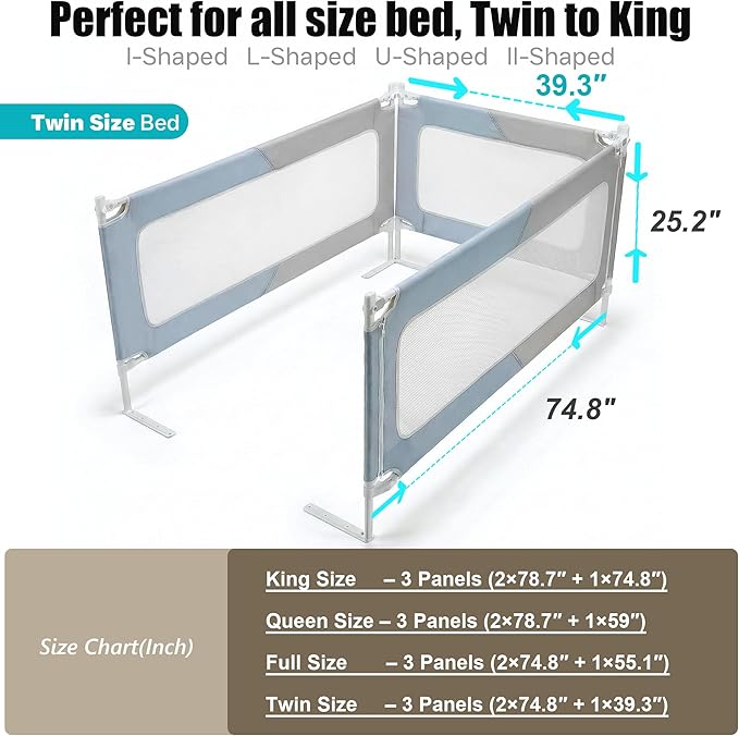 Twin Size Baby Bed Rail Guard – Extra Tall Safety Bedside Rail with Headboard Rod for Toddlers, Adjustable No-Gap Design, 3 Panels (2×74.8″ + 1×39.3″), Gray & Light Blue