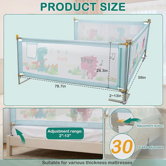 Bed Rail for Toddlers Twin, Full, Queen, King & Cal kingMattress Size | Swing Down Rail Guard | Mattress Side Rail for Kids (Blue Dinosaur, (3 Sides for King Size) 79.9x79.9x76 Inch)
