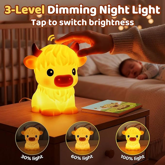 BPA-Free Silicone丨Huggwaii Highland Cow Night Light for Kids, Dimmable Squishy Night Light Touch Cow Lamp, Highland Cow Gifts for Nursery, 30 Auto-Off Timer, Cute Room Decor for Boys Girls Women