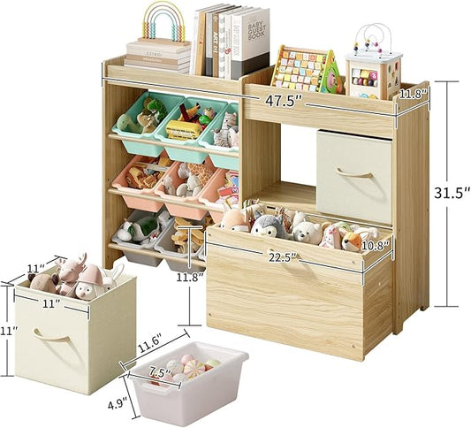 EXPERLAM Toy Storage Organizer for Kids, 9-Bin Toy Organizer with 2-Drawers,Movable Toy Chest and Top Rack, Kids Bookshelf and Toy Storage for Playroom, Bedroom, Nursery, Multi-Color