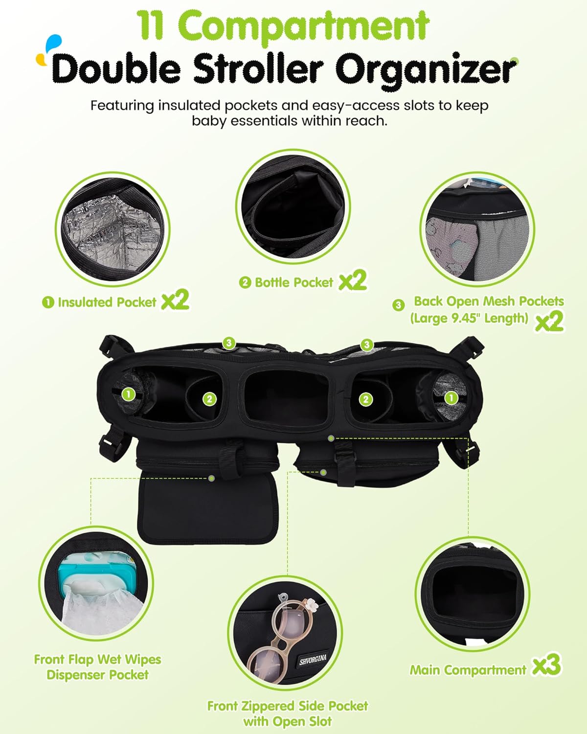 Double Stroller Organizer with 11 Compartment for Bob Duallie, Baby Jogger City Mini GT2, Double Jogging Stroller Caddy, Jeep, Zoe Stroller Accessories with 2 Insulated Pocket, Parent Console